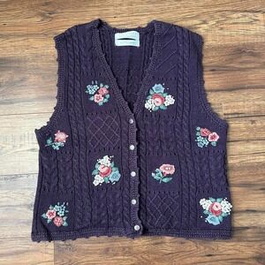 Vintage Northern Isles Hand Embroidered Floral Knit Vest Eggplant Purple Size M